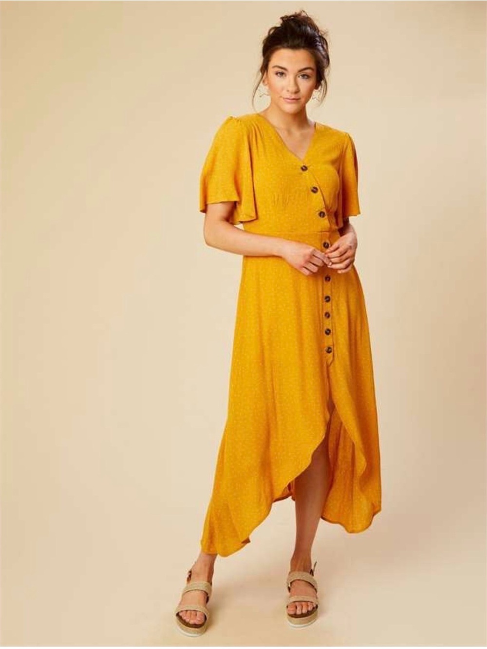 Altar'd State Mustard V-Neck High-Low Button Front Dress